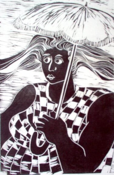 Incisioni, stampe intitolato "Mulher com sombrinha" da Maria Lucia Pacheco, Opera d'arte originale, Incisioni su linoleum