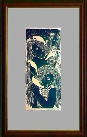 Printmaking titled "25 - Meninas com pá…" by Maria Lucia Pacheco, Original Artwork, Xylography