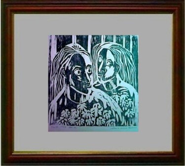 Printmaking titled "32_Figuras em azul" by Maria Lucia Pacheco, Original Artwork, Xylography