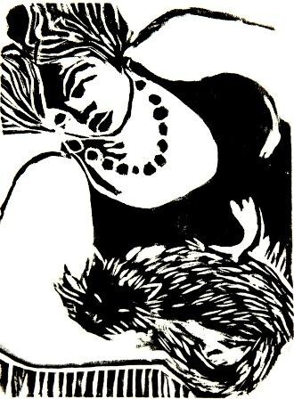 Druckgrafik mit dem Titel "Mulher com gato" von Maria Lucia Pacheco, Original-Kunstwerk, Holzschnitt