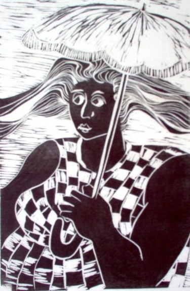 Impressões e gravuras intitulada "Mulher com sombrinha" por Maria Lucia Pacheco, Obras de arte originais, Linoleogravura