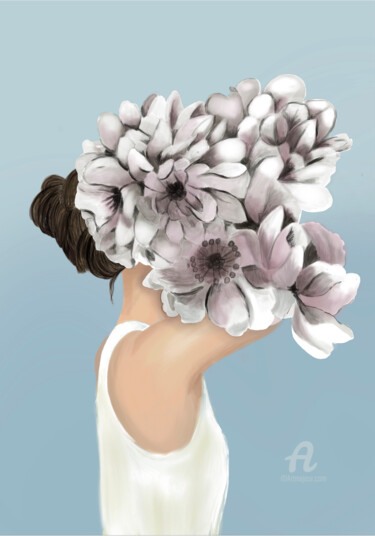 Digital Arts titled "Flowergirl / Blue" by Maria Lundsten, Original Artwork, Digital Print