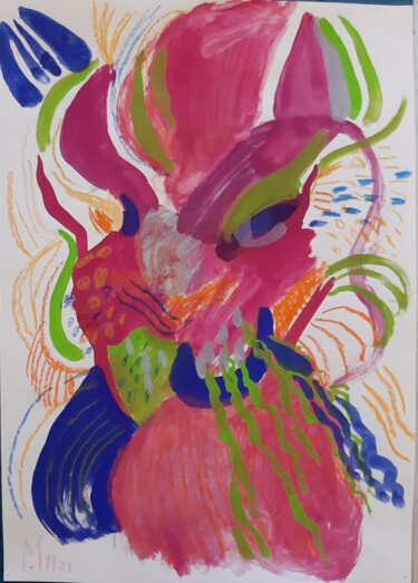 Tekening getiteld "Розовый тигро-кот" door Mariia Maksimova, Origineel Kunstwerk, Tempera