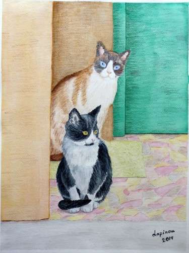 Painting titled "2 Chats" by Lapinou, Original Artwork, Watercolor