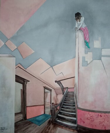 Painting titled "Interior" by María Mateo, Original Artwork, Oil Mounted on Wood Stretcher frame