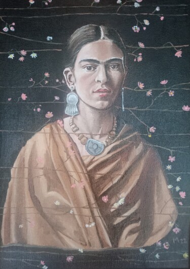 Painting titled "Frida Kahlo" by María Mateo, Original Artwork, Oil Mounted on Wood Stretcher frame
