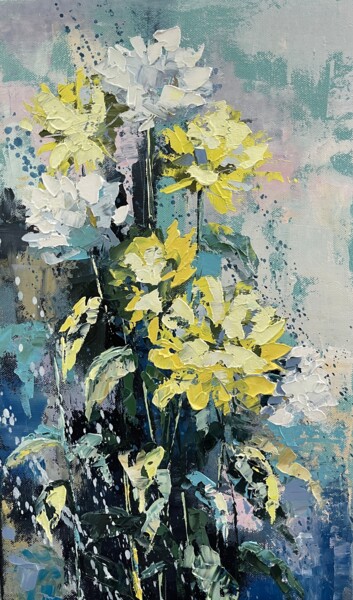 Картина под названием "yellow chrysanthemum" - Maria Miller, Подлинное произведение искусства, Масло Установлен на Деревянна…