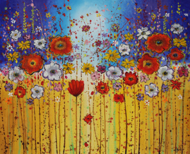 Painting titled "Energy Flowers" by Maria Moretti, Original Artwork, Oil Mounted on Wood Stretcher frame