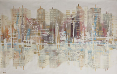 Painting titled "White city" by Maria Moretti, Original Artwork, Oil Mounted on Wood Stretcher frame