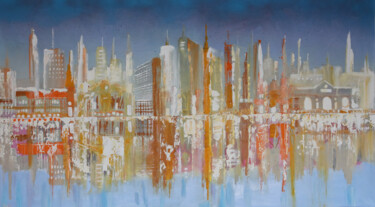 Painting titled "Blue sky city" by Maria Moretti, Original Artwork, Oil Mounted on Wood Stretcher frame