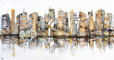 Painting titled "Golden City" by Maria Moretti, Original Artwork, Oil Mounted on Wood Stretcher frame