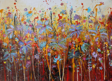 Malarstwo zatytułowany „Fleurs colorées” autorstwa Maria Moretti, Oryginalna praca, Olej Zamontowany na Drewniana rama noszy