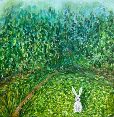 Pintura titulada "rabbit in magic woo…" por Maria Moutaux, Obra de arte original, Acrílico Montado en Panel de madera