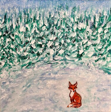 Schilderij getiteld "fox in magic woods" door Maria Moutaux, Origineel Kunstwerk, Acryl Gemonteerd op Houten paneel