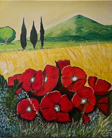 Painting titled "red poppies" by Maria Moutaux, Original Artwork, Oil Mounted on Wood Panel
