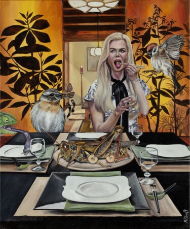 Painting titled "Thanksgiving dinner" by Maria Petroff, Original Artwork, Oil Mounted on Wood Stretcher frame