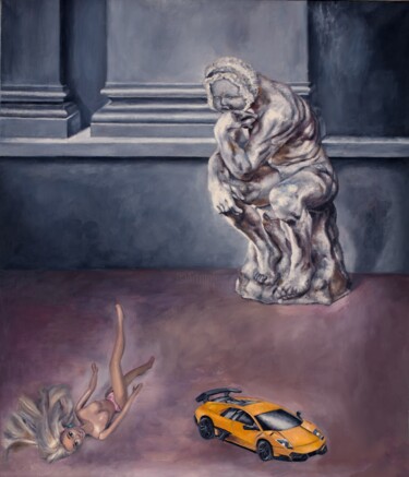 Painting titled "Thinker" by Maria Petroff, Original Artwork, Oil Mounted on Wood Stretcher frame