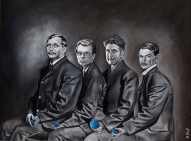 Painting titled "Dystopia bookclub" by Maria Petroff, Original Artwork, Oil Mounted on Wood Stretcher frame