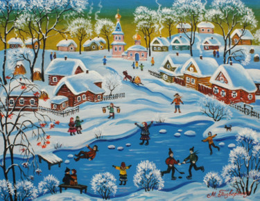 Schilderij getiteld "Winter Fun" door Maria Podverbnaya, Origineel Kunstwerk, Acryl
