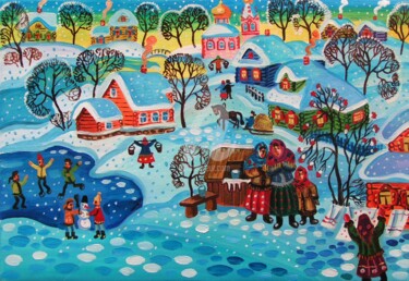 Картина под названием "Village theme" - Maria Podverbnaya, Подлинное произведение искусства, Масло