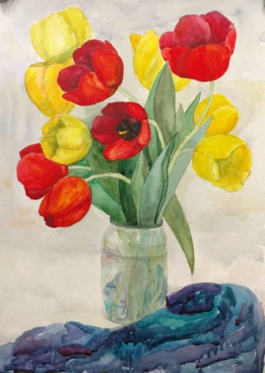 Painting titled "Red & Yellow Tulips…" by Maria Richy, Original Artwork, Watercolor