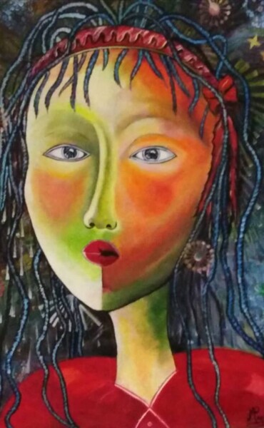 Painting titled "GIRL FROM  SALINA" by Maria Rigatou, Original Artwork, Acrylic