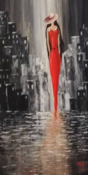 Painting titled "Lady in red" by Maria Rigatou, Original Artwork, Acrylic