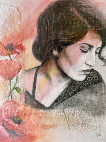 Painting titled "Poppies" by Maria Romano, Original Artwork, Charcoal Mounted on Wood Stretcher frame