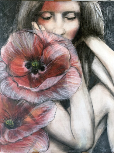 Painting titled "Poppies 2" by Maria Romano, Original Artwork, Charcoal Mounted on Wood Stretcher frame
