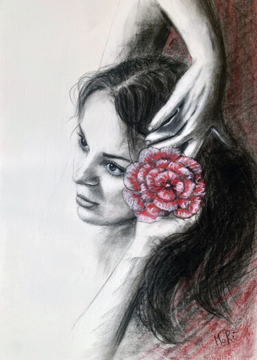 Drawing titled "PEONY" by Maria Romano, Original Artwork, Charcoal