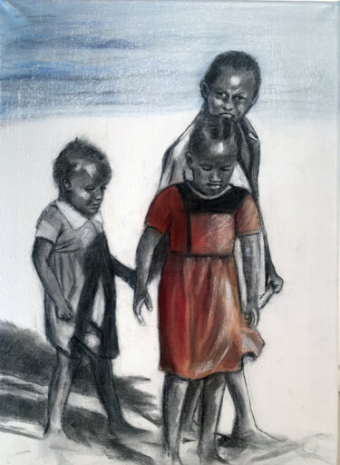 Zeichnungen mit dem Titel "Mombasa children" von Maria Romano, Original-Kunstwerk, Kohle