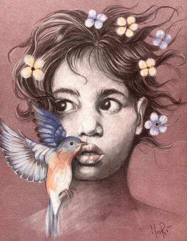 Drawing titled "Blue Bird" by Maria Romano, Original Artwork, Pastel