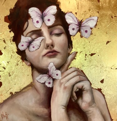Painting titled "Dream Butterflies" by Maria Romano, Original Artwork, Oil Mounted on Wood Stretcher frame
