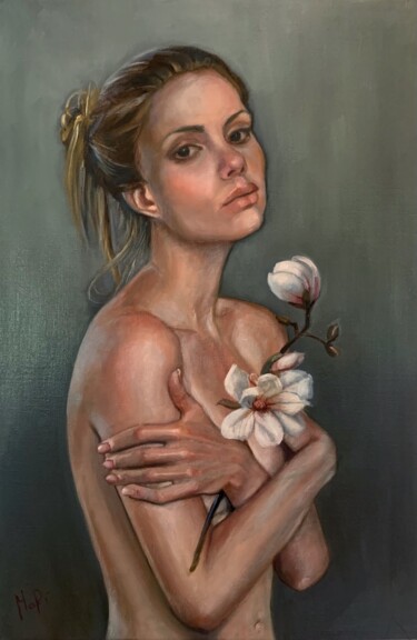 Schilderij getiteld "Flowers on the Skin" door Maria Romano, Origineel Kunstwerk, Olie