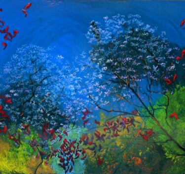 Painting titled "Azul con plantas y…" by Maria Rosa Astorga, Original Artwork