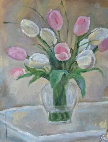 Peinture intitulée "Бело-розовые тюльпа…" par Maria Sanova, Œuvre d'art originale, Huile