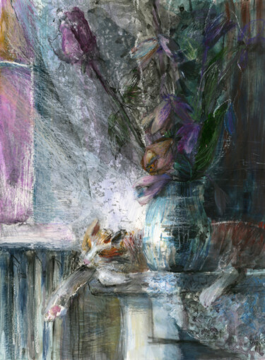 Pittura intitolato "Коты и цветы (роза)" da Maria Shedrina, Opera d'arte originale, Acrilico