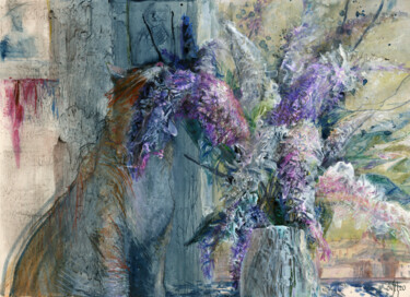 Painting titled "Коты и цветы (сирен…" by Maria Shedrina, Original Artwork, Acrylic