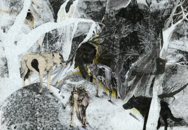 Рисунок под названием "Snow wolves" - Maria Shedrina, Подлинное произведение искусства, Чернила