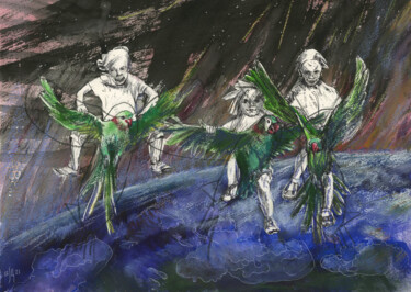 Pittura intitolato "Young green. Flying…" da Maria Shedrina, Opera d'arte originale, Acquarello