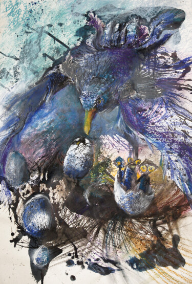 Painting titled "Bluebird nest - ori…" by Maria Shedrina, Original Artwork, Ink