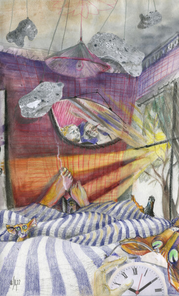 Self-portrait with a husband and a cat - original fun art Peinture intitulée "Self-portrait with…" par Maria Shedrina, Œuvre d'art originale, Aquarelle