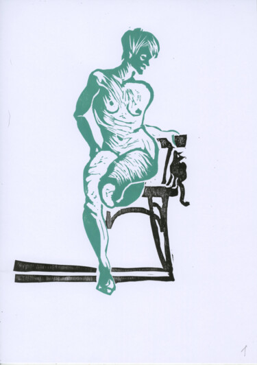 Printmaking titled "Nymph with a cat 2…" by Maria Shedrina, Original Artwork, Linocuts