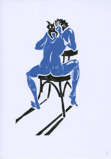 Printmaking titled "Nymph-3 with a cat…" by Maria Shedrina, Original Artwork, Linocuts