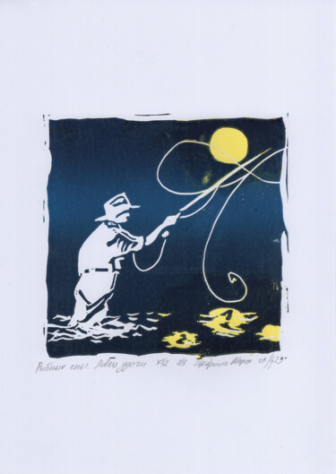 Estampas & grabados titulada "Fish dreams. lucky…" por Maria Shedrina, Obra de arte original, Linograbados