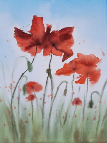 Painting titled ""Poppies" Original…" by Maria Sin, Original Artwork, Watercolor