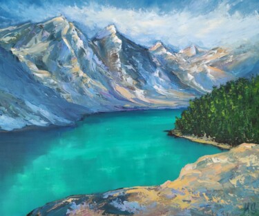 Painting titled "Canada. Lake Moraine" by Maria Slynko, Original Artwork, Oil Mounted on Wood Stretcher frame