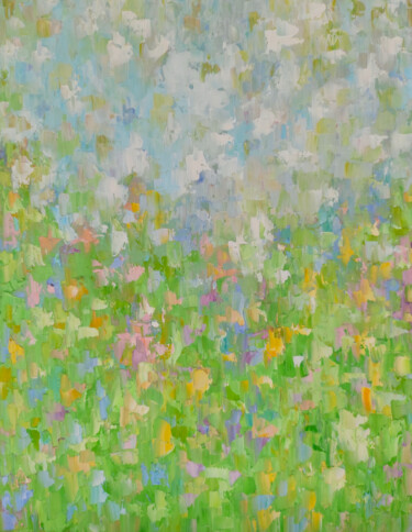Painting titled "Sunny meadow 2" by Maria Slynko, Original Artwork, Oil Mounted on Wood Stretcher frame