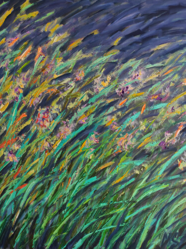 Painting titled "Meadow in the eveni…" by Maria Slynko, Original Artwork, Oil Mounted on Wood Stretcher frame