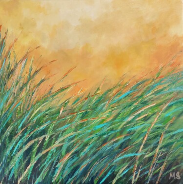 Painting titled "Sunset in the meadow" by Maria Slynko, Original Artwork, Oil Mounted on Wood Stretcher frame